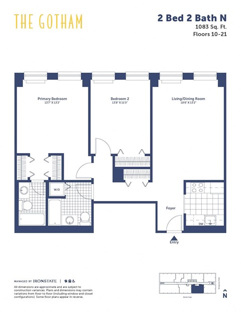 Floor plan for 2 beds, 2 baths, 1083 sqft